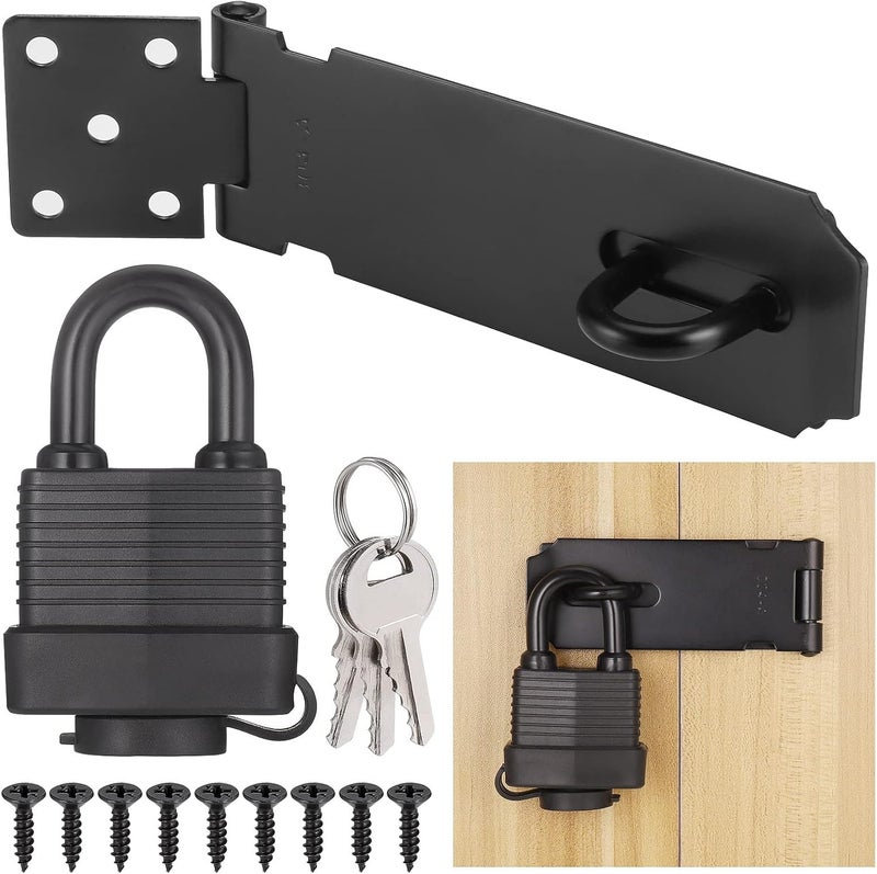 Starvortex Padlock Latch Lock, 4Inch Stainless Steel Hasp Latch with Padlock Keys Screws, Heavy Duty Black Shed Lock, Waterproof Pad Locks Latches, Gate Locks for Barn Door Cabinet Fence Garage - Image 1